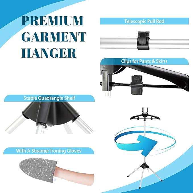 CINPIUK Garment Steamer Rack & Garment Steamer Ironing Glove for Steaming Clothes, Adjustable Garment Hanger Standing Handled Mini Ironing Board, Hanging Steamer Ironing Accessories for Clothes, Black