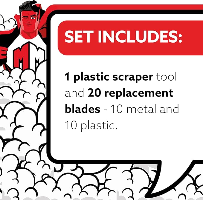 Mighty Melt Multi-Surface Plastic Scraper Tool - Non-Scratch - for Removing Burnt Food, Tough Stains & Stickers from Glass, Ovens, & More - Adhesive Remover - 10 Metal & 10 Plastic Blades