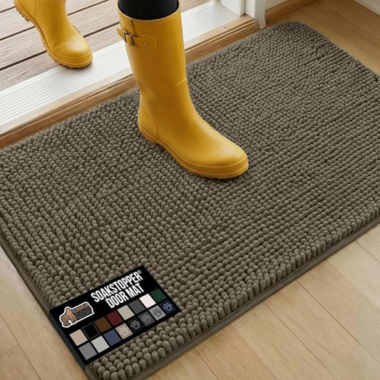GORILLA GRIP SoakSTOPPER Dog Door Mat, 36x24 Machine Washable Rug Absorbent Doormat Captures Moisture Mud Dirt, Quick Dry Soft Chenille Entryway Rugs Indoor Entrance Mats for Dog Paws, Cappuccino