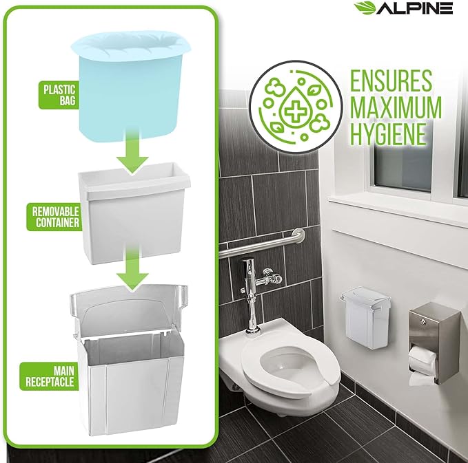 Alpine Sanitary Napkin Receptacle - Feminine Hygiene Disposal Container, Wall Mounted Trash Can with Odor Control Seal & Installation Hardware (White)