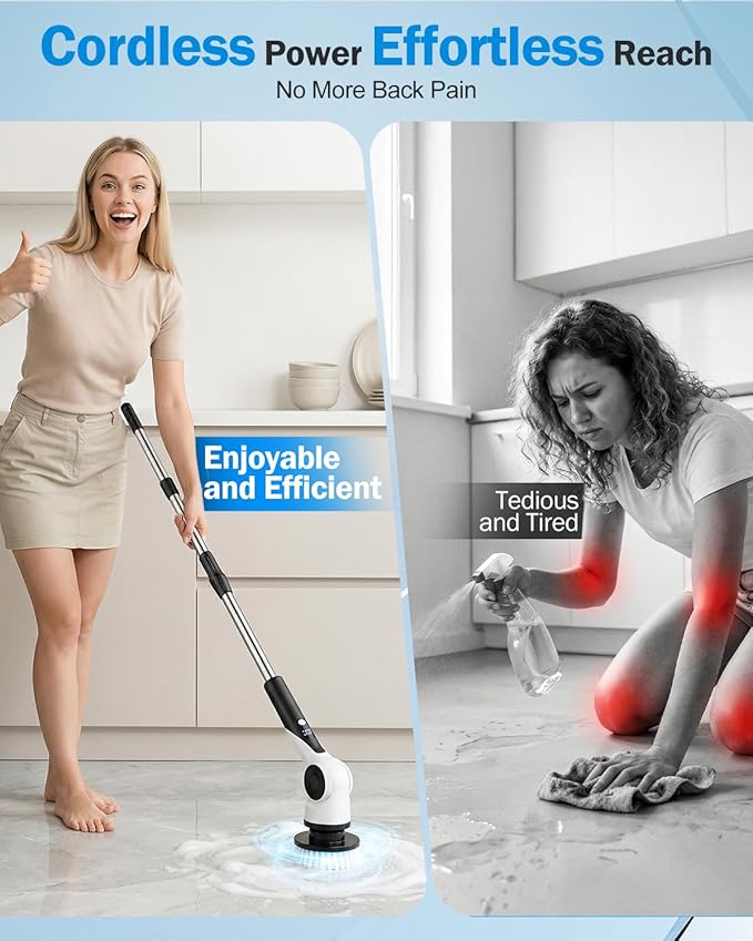 Electric Spin Scrubber, 3-Speed Shower Cleaner Brush with 10 Replaceable Brush Heads, 90 Mins Runtime & Full-Body IPX7 Waterproof Cordless Shower Scrubber with Long Handle