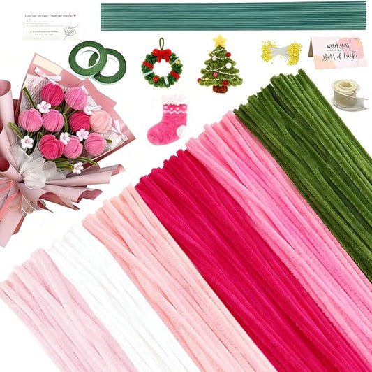 AHAMETON 620-Piece Pink Pipe Cleaner Craft Kit - 6 Pastel Shades Chenille Stems with Floral Wire for DIY Wedding Bouquets, Mother’s Day Gifts & Party Decorations