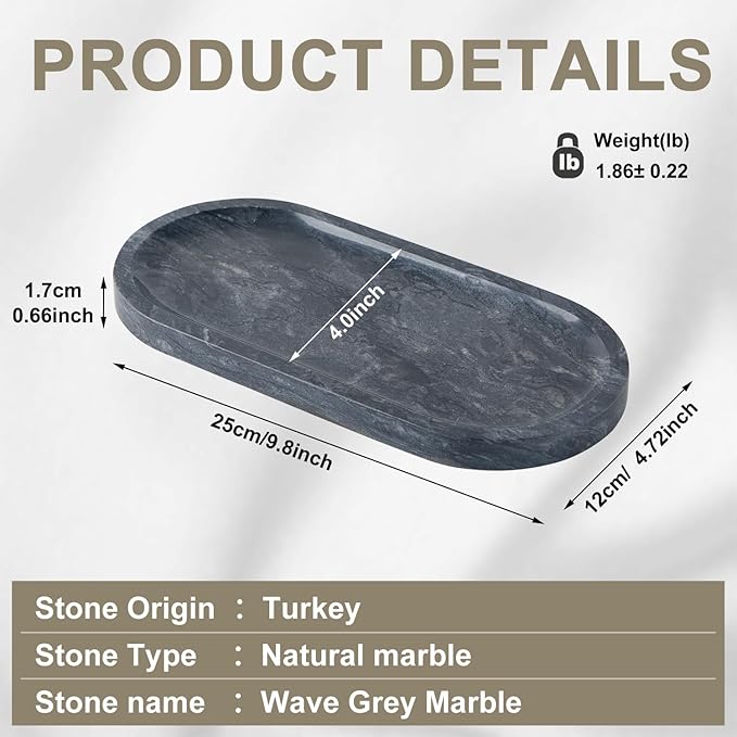 Natural Marble Vanity Tray, Marble Tray for Bathroom countertop,Stone Tray for Storing Perfume, Cosmetics and Jewelry 10 * 5inch （ Black）