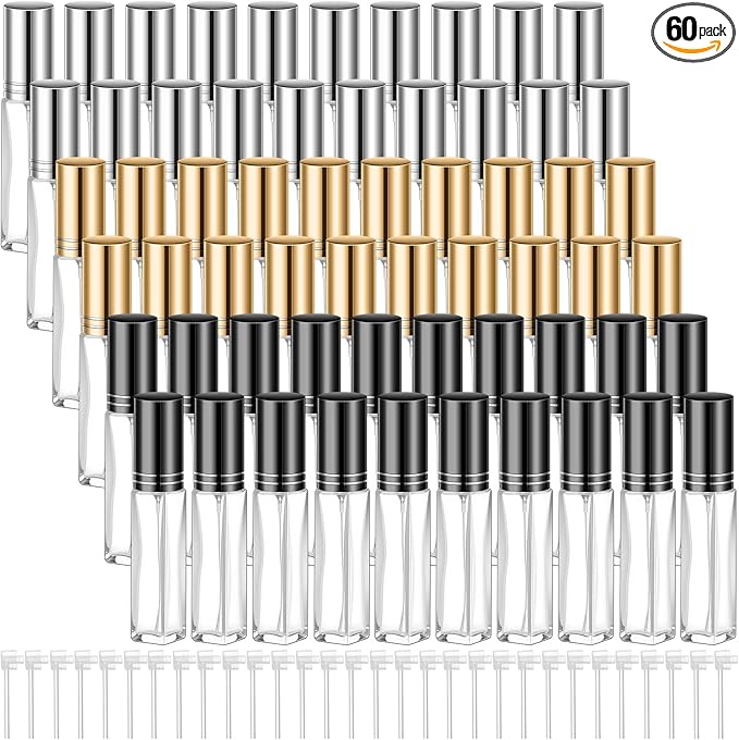 Domensi 60 Pcs 10/20/30 ml Perfume Travel Refillable Bottles Glass Spray Bottle Perfume Atomizer for Cologne Dispenser Leak-proof Fragrance Bottles Atomizer Pump Bottle Kit (Gold, Silver, Black)