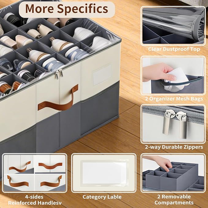 1 Pack Shoe Organizer for Closet Fit 12-24 Pairs with Adjustable Dividers, Large Foldable Shoe Storage Containers Box Bin w with Clear Lid and 4 Handles,with 2 mesh pockets,with Category Lable