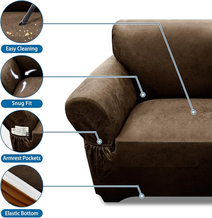 Loveseat Sofa Slipcover Leather Look Couch Covers for 2 Seater Couch Sofa 1-Piece Sofa Cover Stretch Furniture Protector with Elastic Bottom & Pockets(Loveseat, Dark Brown)