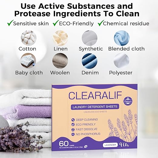 CLEARALIF Laundry Detergent Sheets, Up to 180 Loads, Fresh Lavender, liquidless, Eco-Friendly, Zero Waste, Save Space, Travel Laundry Strips for HE Machine