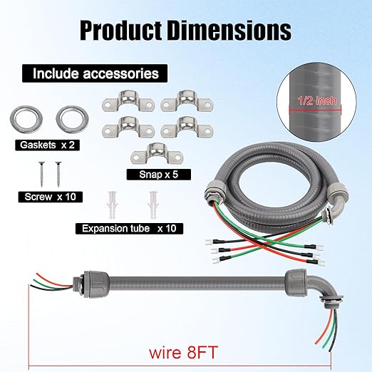 1/2Inch Power Whips Assembly, 8FT Nonmetallic Liquid Tight Flexible Conduit Wire with 3 Conductors 10 Gauge THHN Electrical Wires, A/C Hook-up Whip Kit Electrical Wire(8FTx1/2Inch)