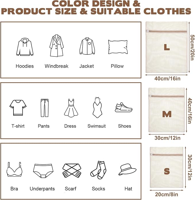 3 Pcs Cotton Mesh Laundry Bag, Sturdy Zipper Lingerie Bags for Washing Delicates, Breathable Durable Cotton Garment Bag for Washing Machine Lingerie Clothes Pants Shoes & Socks