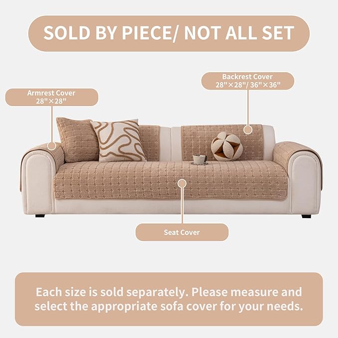 Velvet Sofa Covers Washable, Plush Warm Couch Cover for Single Seater Sofa, Funny Fuzzy Couch Covers for Pets&Kids, Non-Slip Sectional Sofa Cover(1PC, Khaki, 27.6"×27.6", Single Seater)