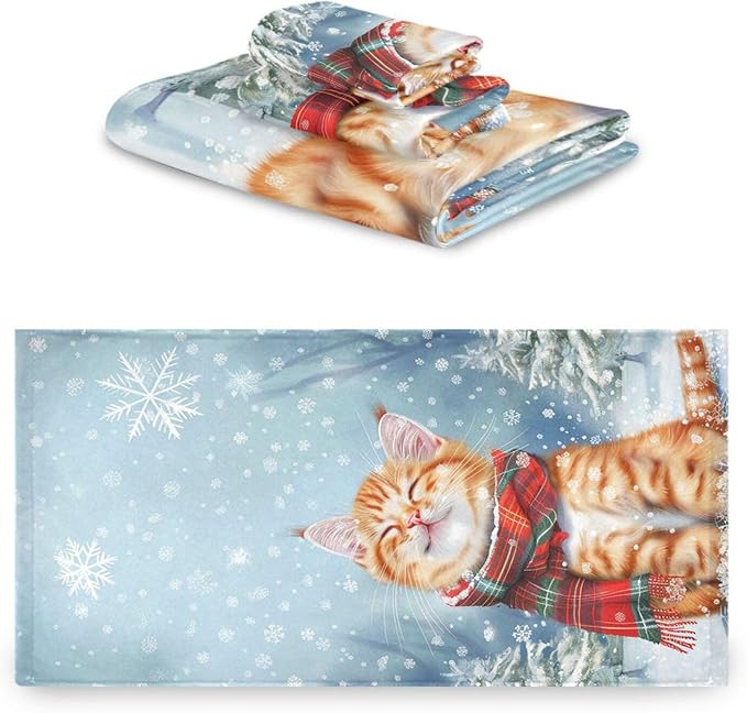 Pfrewn Christmas Winter Towels Set of 3 Cute Cat Wearing Plaid Scarf Bathroom Towel Soft Absorbent Bath Hand Towels Washcloth Guest Towel Sets Xmas Holiday Decor