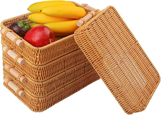 5 Pack 11.8 x 7.8 inch Rectangle Rattan Tray, Rectangle Woven Serving Basket with Handles, Storage Rattan Serving Trays for Home, Restaurant & Hotel Use, Durable & Easy-Cleaning