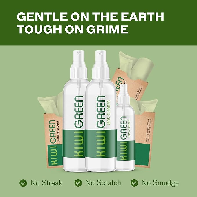 Kiwi Green Eyeglass Lens Cleaner Spray Kit | 3X Lens Cleaner + 3X Microfiber Cloth | Alcohol Free Eyeglasses, Screen Cleaning Kit | USA Made (6 Piece Set)