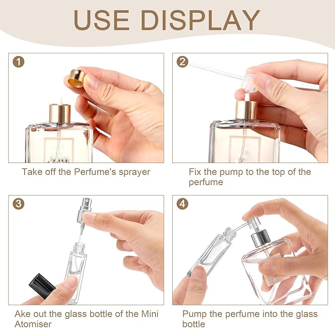 Domensi 90 Pcs 8 ml Empty Glass Perfume Bottles Bulk - Gold,Silver,Black Refillable Cologne Spray Atomizer with Pump, for Travel, Skincare, Haircare, Cleaning & DIY Essentials