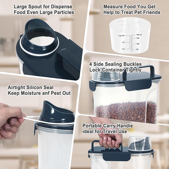Dog Cat Food Storage Container 5-7 Lbs, Pet Food Container Airtight with Large Spout & Cup, BPA-Free Plastic Food Dispenser for Pet Food, Bird Seed, Rice, Flour (Dark Blue)