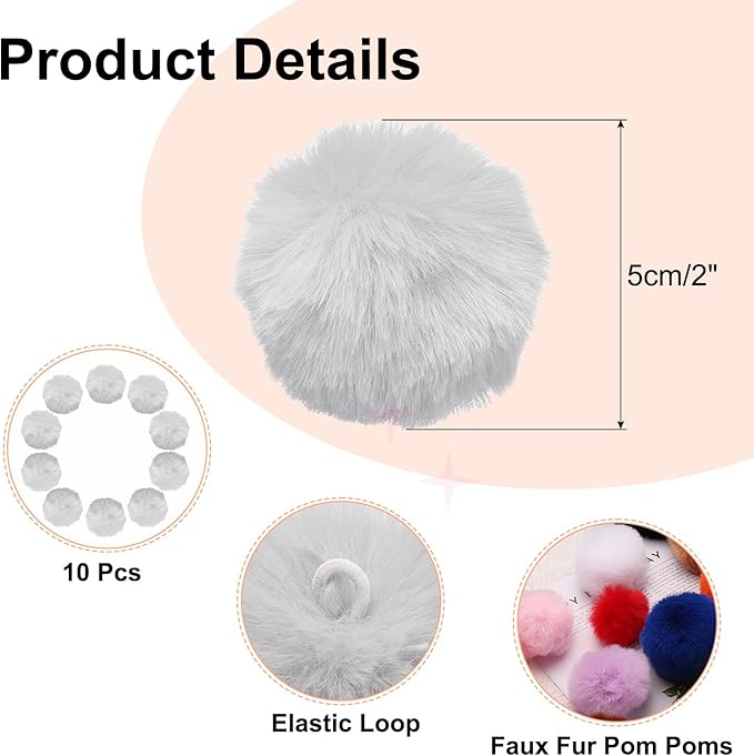 uxcell 2 Inch Faux Fur Pom Pom Balls, 10 Pcs Light Grey Fluffy Soft Faux Fur Pom Poms for Hats with Elastic Loop for DIY Knitting Hats Keychain Scarves Gloves Bags Shoes Accessories