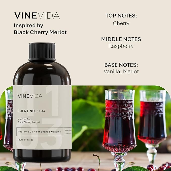 VINEVIDA; Black Cherry Merlot Fragrance Oil for Candle Making & Soap Making, Perfume Oils, Soy Wax Scents, Bath Bombs, Kitchen, Lotion Car Freshies, Diffuser, Room Spray, Laundry 4 Fl Oz (Pack of 1)