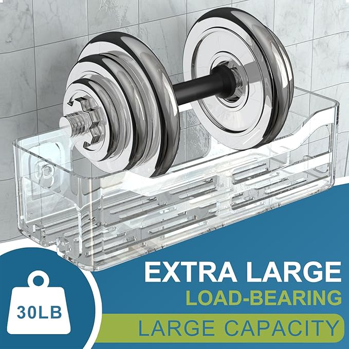 JiePai Acrylic Shower Caddy, Clear Wall Mounted Bathroom Organizer with Hooks, No-Drill Adhesive Shower Shelf for Shampoo, Soap & Toiletries, Waterproof Rustproof, 2 Pack