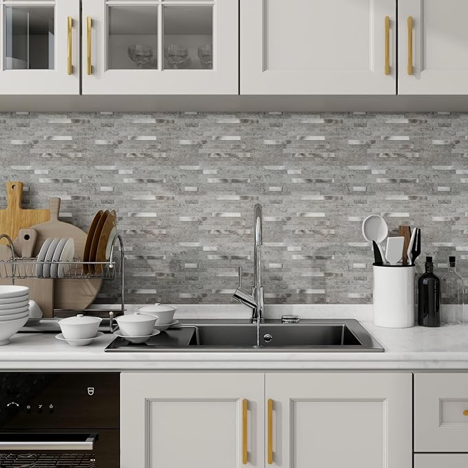 Peel and Stick Backsplash Tiles for Kitchen, 10 Sheet Waterproof PVC Marble Wall Tiles, Self Adhesive Easy DIY Stick On Backsplash for Bathroom RV Laundry Room, Grey Slate, 9.2 Sq Ft
