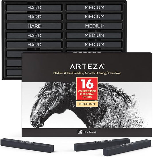 ARTEZA Compressed Charcoal Sticks Set of 16 – Medium and Hard Drawing Crayons for Sketching, Shading, Line Work in Charcoal Art and Figure Drawing