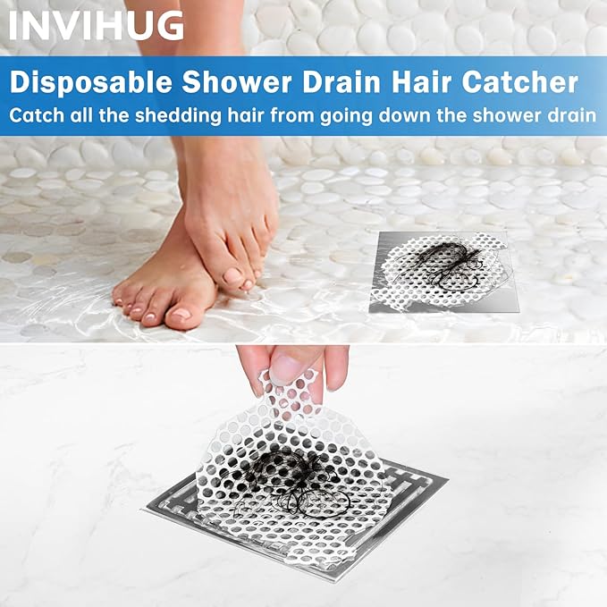 INVIHUG,25 Pack,Disposable Shower Drain Hair Catcher Mesh Stickers,4 Inch Disposable Hair Drain Catcher.(White,4.1inch)