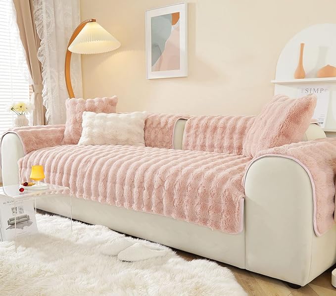 Soft Warm Faux Fur Couch Sofa Cover Thick Shaggy Fuzzy Sectional Couch Cover Non-Slip Solid Color Plush Sofa Slipcover Furniture Protector for Kids, Pets (Pink,36"x36")