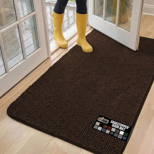 GORILLA GRIP SoakSTOPPER Dog Door Mat, 60x36 Machine Washable Rug Absorbent Doormat Captures Moisture Mud Dirt, Quick Dry Soft Chenille Entryway Rugs Indoor Entrance Mats for Dog Paws, Brown