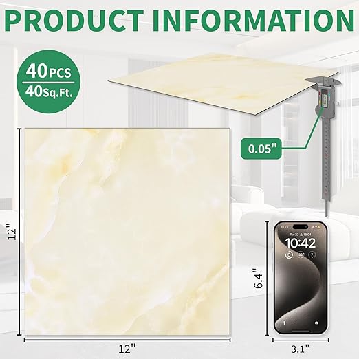 40-Pack Peel and Stick Floor Tiles Vinyl Floor 12 x 12 inch Self Adhesive Waterproof Flooring Planks DIY for Bathroom, Kitchen, Living Room, RV, Cover 40 Sq. Ft, Ivory Beige Vein Marble