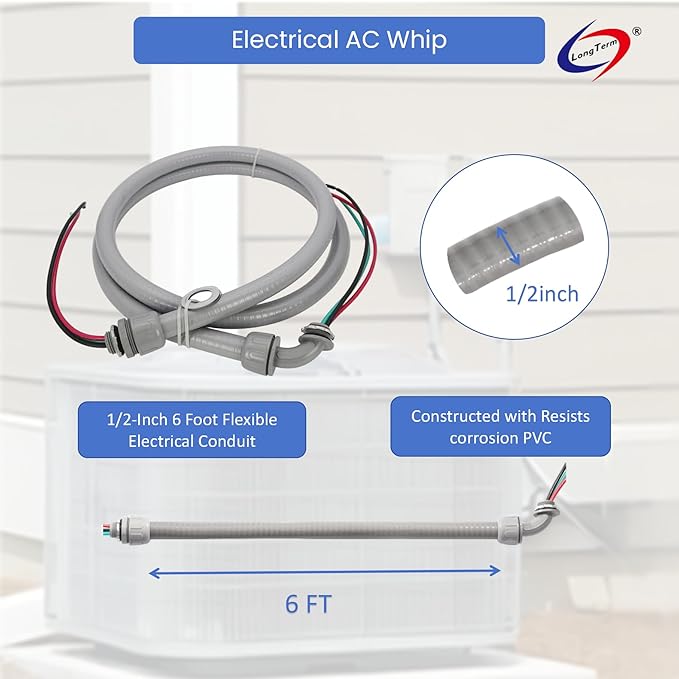 Electrical AC Whip Assembly -1/2" x 6ft Non-Metallic Liquid Tight Electrical Conduit and 10 Gauge Wire A/C Hook-up Whip Kit