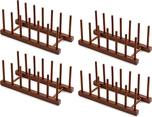 HBlife 4pcs 6 Slots Teak Dish Plate Bowl Cup Book Pot Lid Cutting Board Drying Rack Stand Drainer Storage Holder Organizer Kitchen Cabinet（Keep Dry）