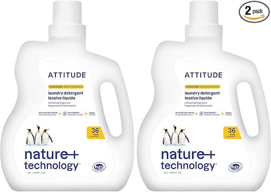 ATTITUDE Liquid Laundry Detergent,EWG Verified,HE Compatible,Plant-Based & Vegan,Natural Laundry Soap,Citrus Zest Scent,60.8 Fl Oz,(Pack of 2)