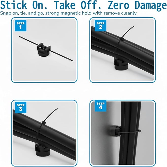 Magnetic Cable Ties Set, 25 Magnetic Zip Tie Mounts with 200 Cable Ties, Strong Wire Holder Cables Management, Multipurpose Electrical Cord Management Cord Holders Organizer (22mm)