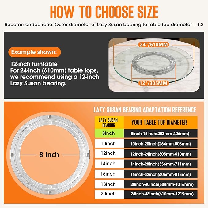 Heavy Duty Lazy Susan Turntable Bearing 8 Inch, 500lbs Capacity Rotating Swivel Plate for Round Table, Heavy Duty Swivel Base for Dining Room Kitchen