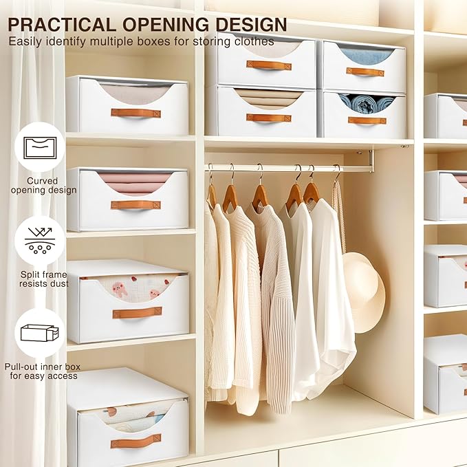 Stackable Storage Drawers - Large Collapsible Storage Bins with Drawers, 8 Pack Closet Shelf Organizer Basket, Fabric Pull Out Organizer for Bedroom, Living Room, Dorm, White
