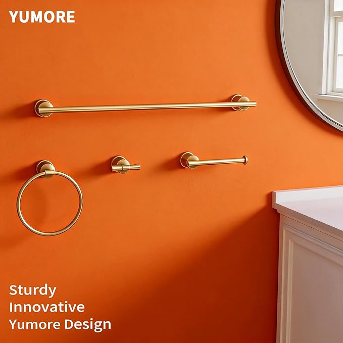 YUMORE Gold Bathroom Hardware Set, 4-Pieces Wall Mounted Bath Accessories Kit, Stainless Steel Towel Bar, Towel Ring, Toilet Paper Holder & Robe Hooks, Modern Brushed Gold Finish