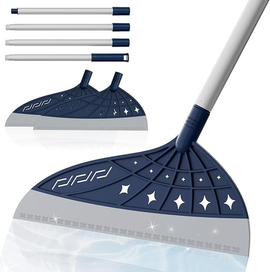 Air Broom for Household Cleaning, Silicone Broom Adjustable Handle, Sweep and Scrape 2-in-1 Squeegee Broom for Wet&Dry Messes, Hair, Liquids, Glass on Smooth Floor, Includes 2 Broom Heads (Blue)