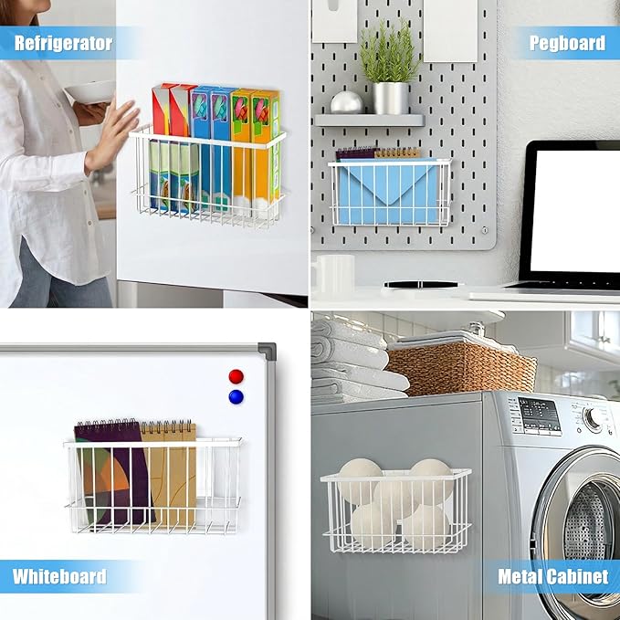 NiHome Magnetic Metal Basket Organizers, Dryer Ball Holder, 2PCS Medium & Small, Versatile Storage for Kitchen & Office Holds Up to 14 lbs, Easy Attach to Refrigerator or Any Magnetic Surface (White)