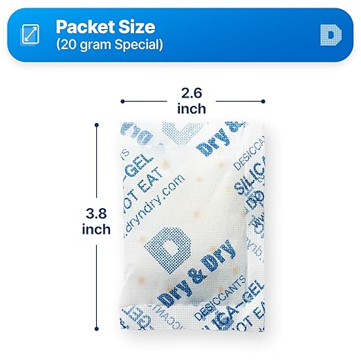 Dry & Dry 20 Gram [200 Packets] Orange Indicating Silica Gel Packets Desiccants - Food Safe Silica Packs, Silica Gel, Silica Packets, Desiccant Packs for Food Storage
