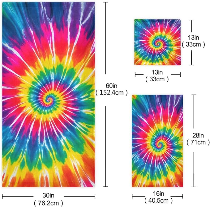 Pfrewn Tie Dye Towels Set of 3 Rainbow Hippie Colors Bathroom Towel Soft Absorbent Chic Abstract Swirl Bath Hand Towels Washcloth Guest Towel Sets Bathroom Decorations