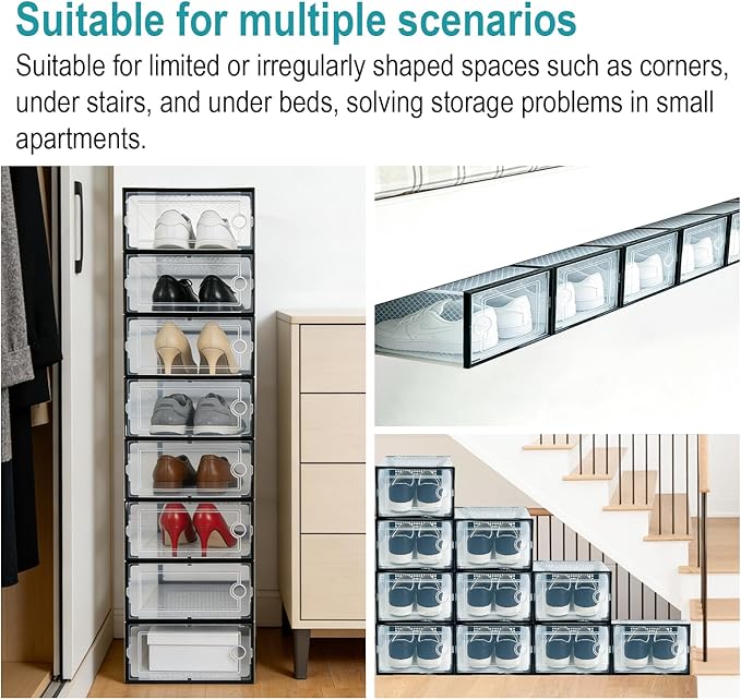 12 Pack Shoe Storage Boxes, Clear Plastic Stackable Shoe Organizer for Closet, Foldable Shoe Rack with Lids for Entryway, Closet, Under Bed, Black (13.2 x 9.8 x 6.7inches)