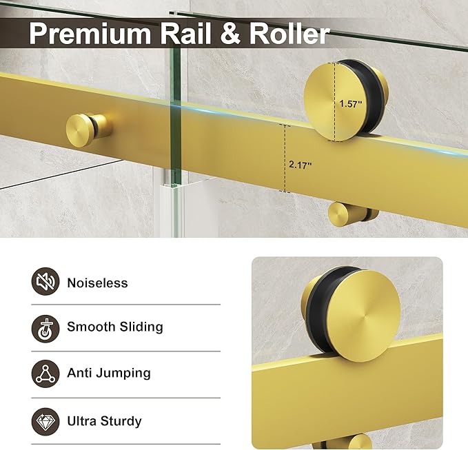 Frameless Bathtub Shower Door, Tub Sliding Door with Nano Coating & Safety Film, 1/4" (6mm) SGCC Tempered Glass，Adjustable 55"-60" W x 60" H, Brushed Gold
