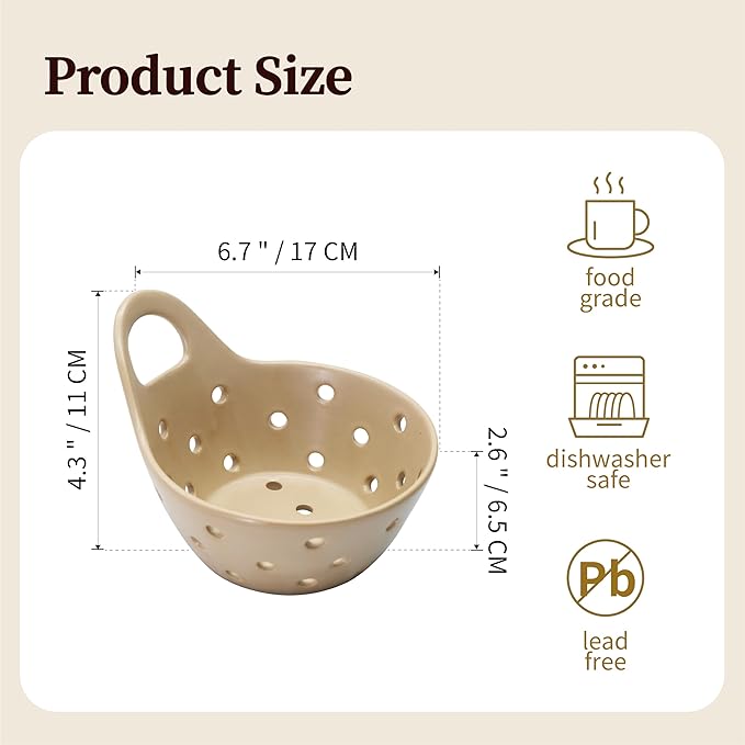 Ceramic Berry Basket Colander Strainer Set of 2 with Comfort Handles for Washing and Serving Fruits (Beige)
