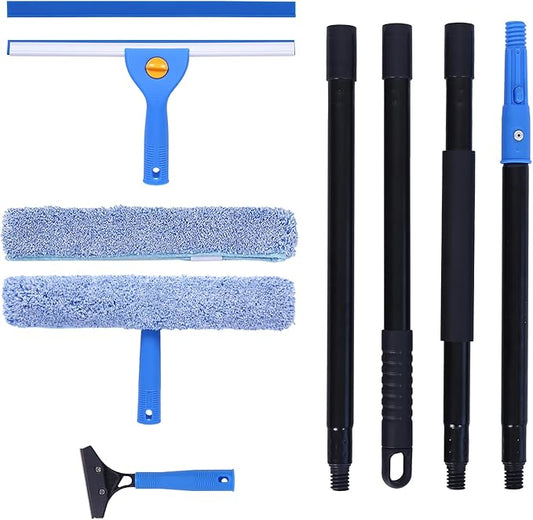 3-in-1 Professional Window Squeegee Kit with 2 Squeegee, 2 Microfiber Scrubber, 1 Razor Scraper, Thick Iron, 63.4" Window Squeegee with Extension Pole for Car, Glass, Mirror, Wall, Bathroom, Home, Van