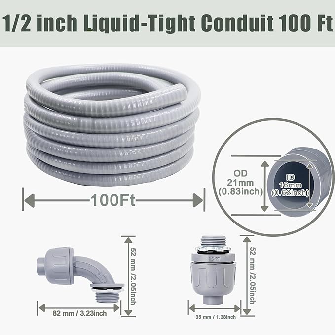 Liquid-Tight Conduit and Connector Kit - 1/2 Inch 100 FT Non Metallic Liquid Tight Electrical Conduit with 5 Straight and 5 Angle Fittings