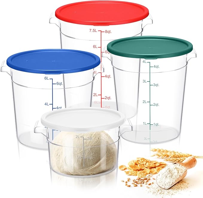 Sawysine 4 Pcs Food Storage Container with Lids Set Proof Dough Clear Round Commercial Containers with Scales and Handles for Bread Dough Rise Restaurant Home Food Storage (2 Qt 4 Qt 6 Qt 8 Qt)