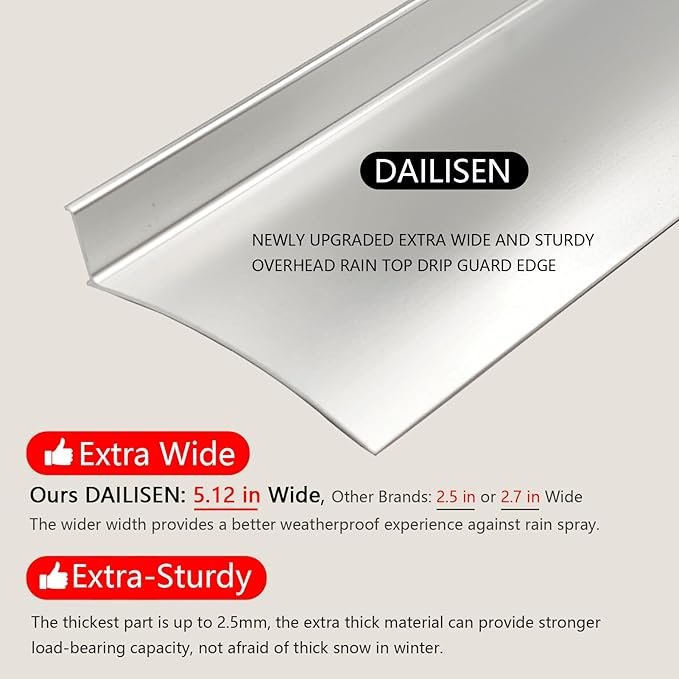 Heavy-Duty 5.12" W 55.1" L Door Rain Drip Guard Overhead,Aluminum Drip Cap for Exterior Doors Window Top,Rain Drip Edge Flashing,Water Deflector,Rain Diverter,Anodized Silver 1PCS
