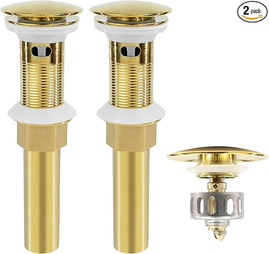 Bathroom Sink Drain, 2 Pack Gold Drain Stopper with Overflow,Pop Up Drain Assembly with Detachable Strainer Basket,Built-in Anti-Clogging Strainer,Stainless Steel
