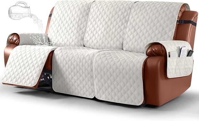 Ruaozz Waterproof Recliner Couch Covers, Sofa Slipcovers Washable 1-Piece Recliner Covers Non-Slip Furniture Protector with Elastic Straps Pocket for Kids Pets(Beige, 3 Seater)