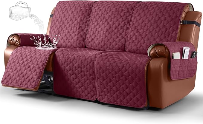 Ruaozz Waterproof Recliner Sofa Covers, 1-Piece Couch Covers for Reclining Couches Reclining Couch Cover Washable Furniture Protector with Elastic Straps Pocket for Kids Pets (Wine, 3 Seater)