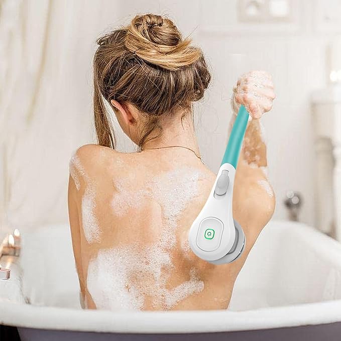 Longzhuo Electric Back Scrubber for Shower with 6 Brush Heads, Rechargeable Bath Brush, Electric Body Scrubber with Long Handle, for Cleanse, Massage, Exfoliate and Pamper Your Skin (Sapphire Blue)